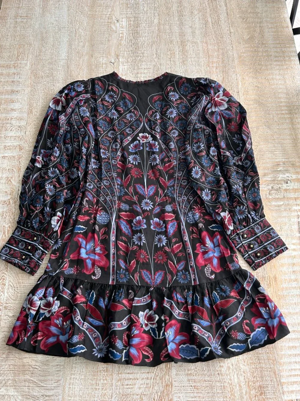 Farm Rio Marcelle Long Sleeve Blue/Black Mini Dress Medium NWT